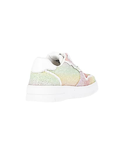 360 degree animation of product Girls Pink Rainbow Glitter lace up Trainers frame-11