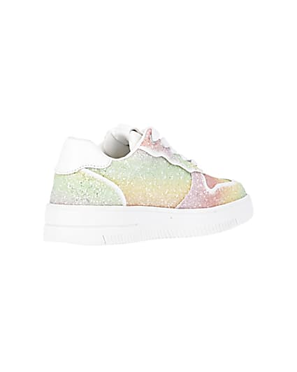 360 degree animation of product Girls Pink Rainbow Glitter lace up Trainers frame-12