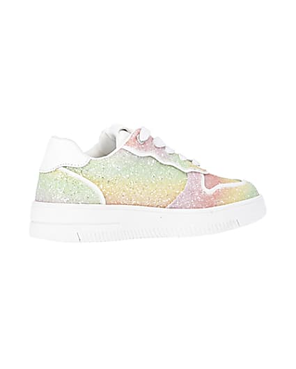 360 degree animation of product Girls Pink Rainbow Glitter lace up Trainers frame-13