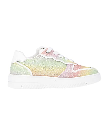 360 degree animation of product Girls Pink Rainbow Glitter lace up Trainers frame-14