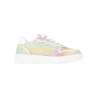 Girls Pink Rainbow Glitter lace up Trainers River Island