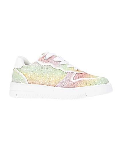 360 degree animation of product Girls Pink Rainbow Glitter lace up Trainers frame-16