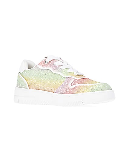360 degree animation of product Girls Pink Rainbow Glitter lace up Trainers frame-17