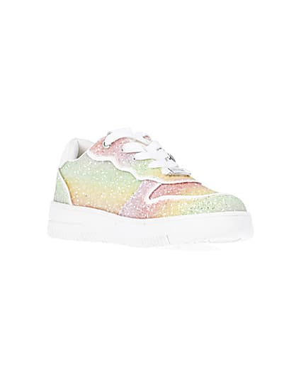 360 degree animation of product Girls Pink Rainbow Glitter lace up Trainers frame-18