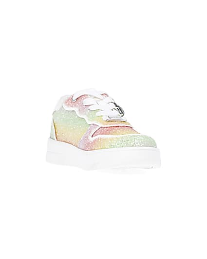 360 degree animation of product Girls Pink Rainbow Glitter lace up Trainers frame-19