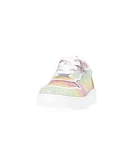 360 degree animation of product Girls Pink Rainbow Glitter lace up Trainers frame-22