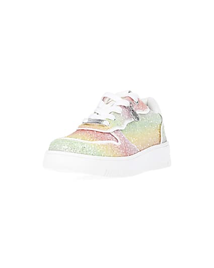 360 degree animation of product Girls Pink Rainbow Glitter lace up Trainers frame-23