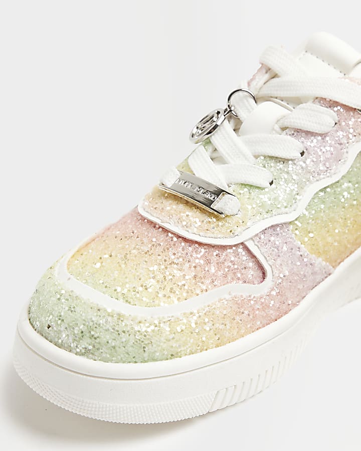 Girls Pink Rainbow Glitter lace up Trainers