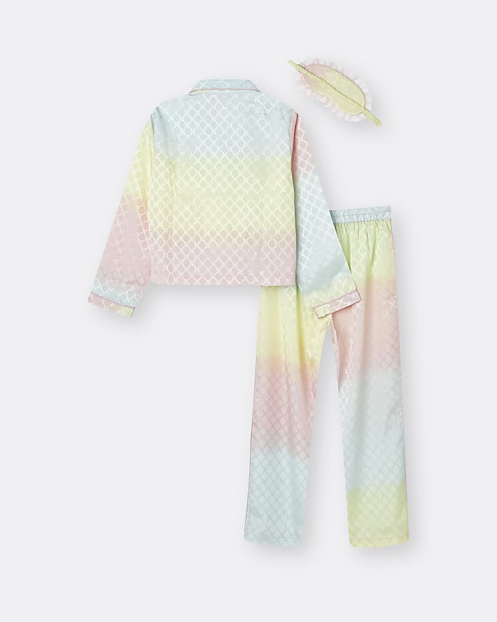 Girls pink rainbow satin 3 piece pyjama set
