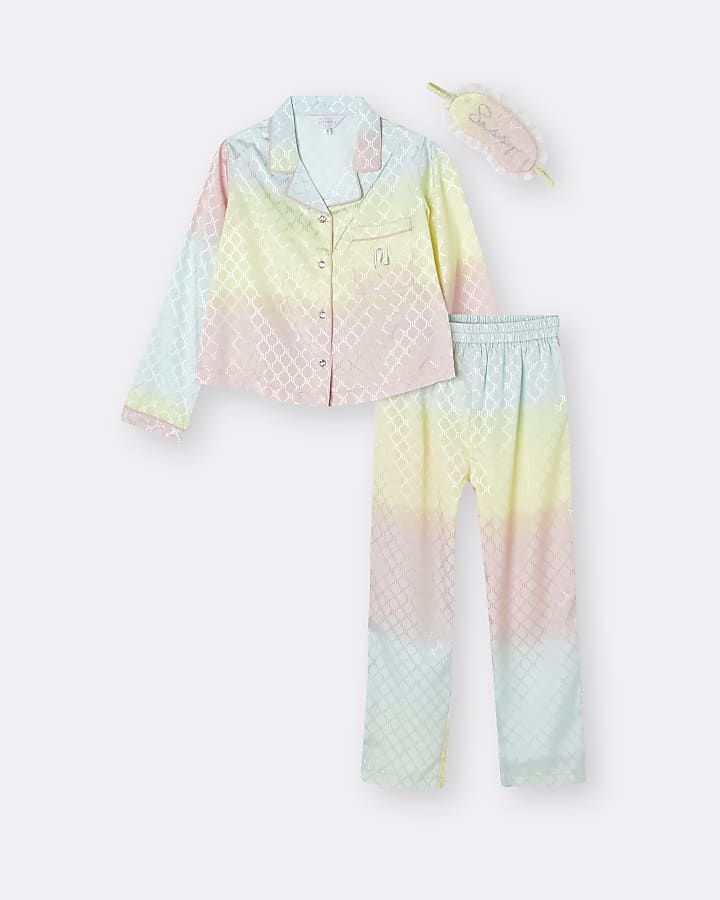 Girls pink rainbow satin 3 piece pyjama set