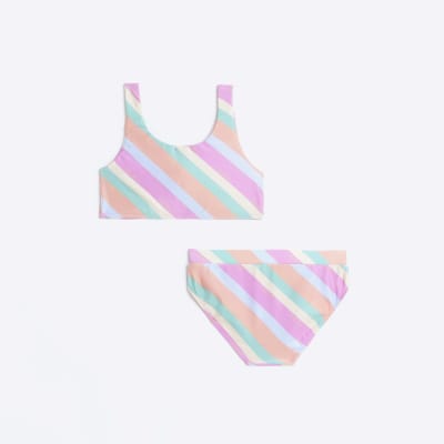 Girls Pink Rainbow Stripe Tie Front Bikini