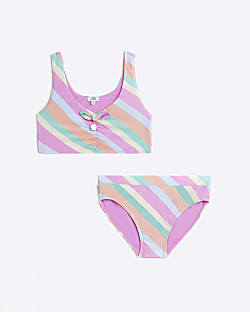 Girls Pink Rainbow Stripe Tie Front Bikini