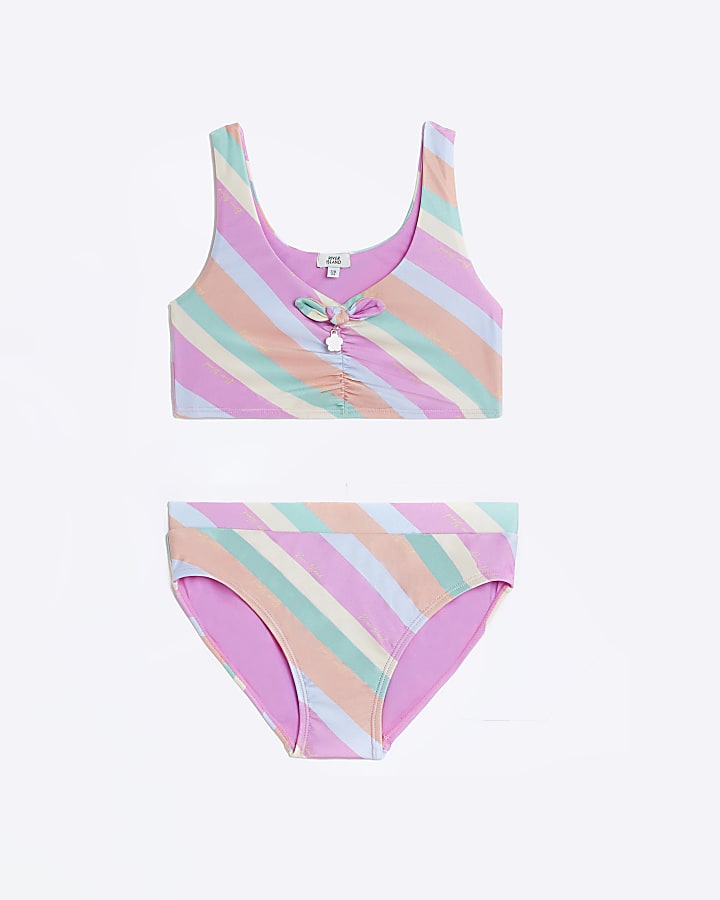 Girls Pink Rainbow Stripe Tie Front Bikini