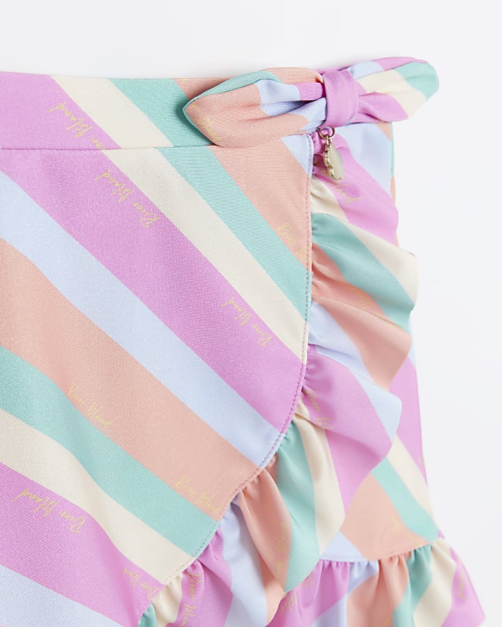 Girls Pink Rainbow Stripe Wrap Swim Skirt
