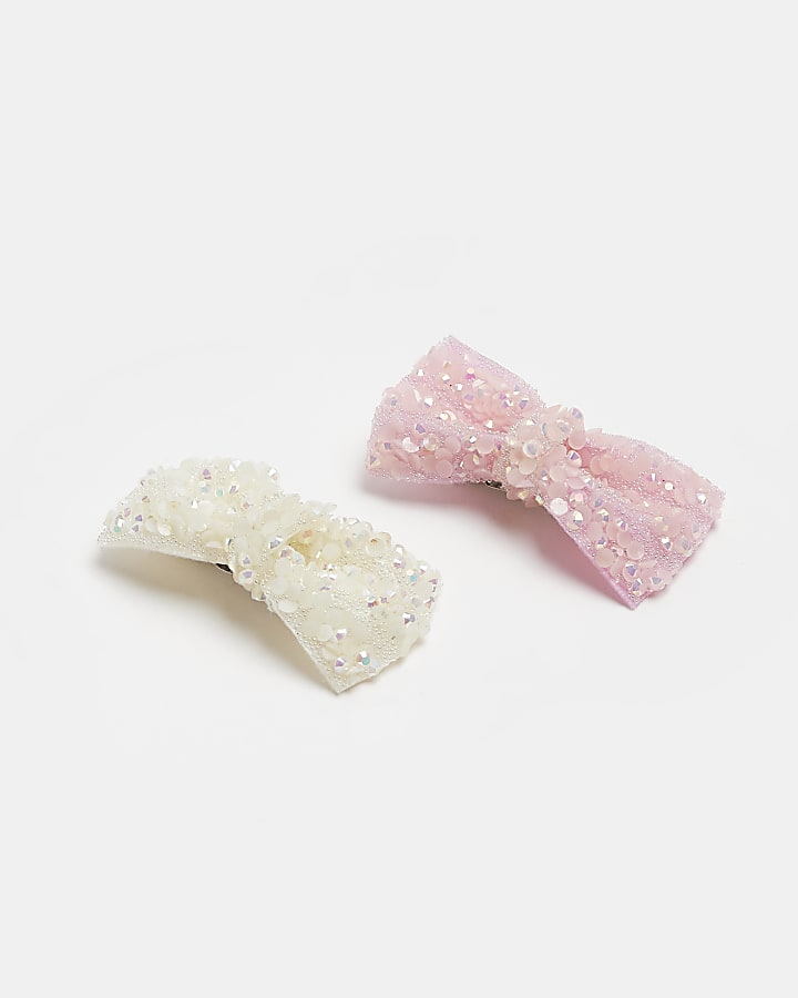 Girls pink rhinestone bow clip 2 pack