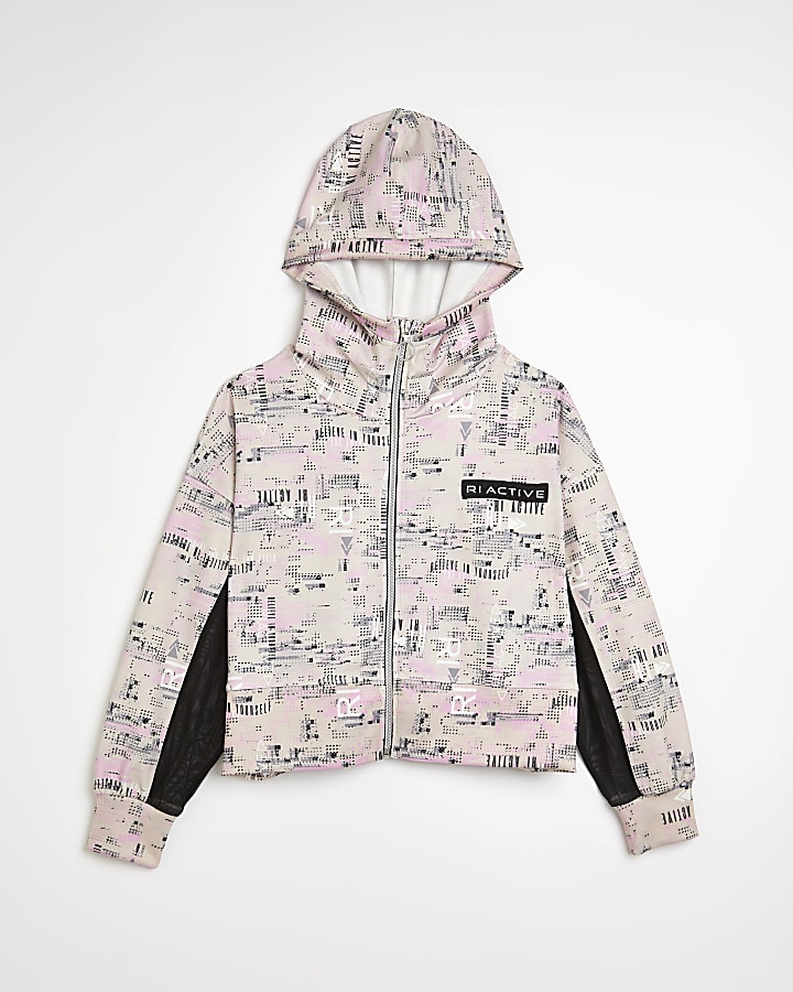 Girls pink RI active printed zip hoodie