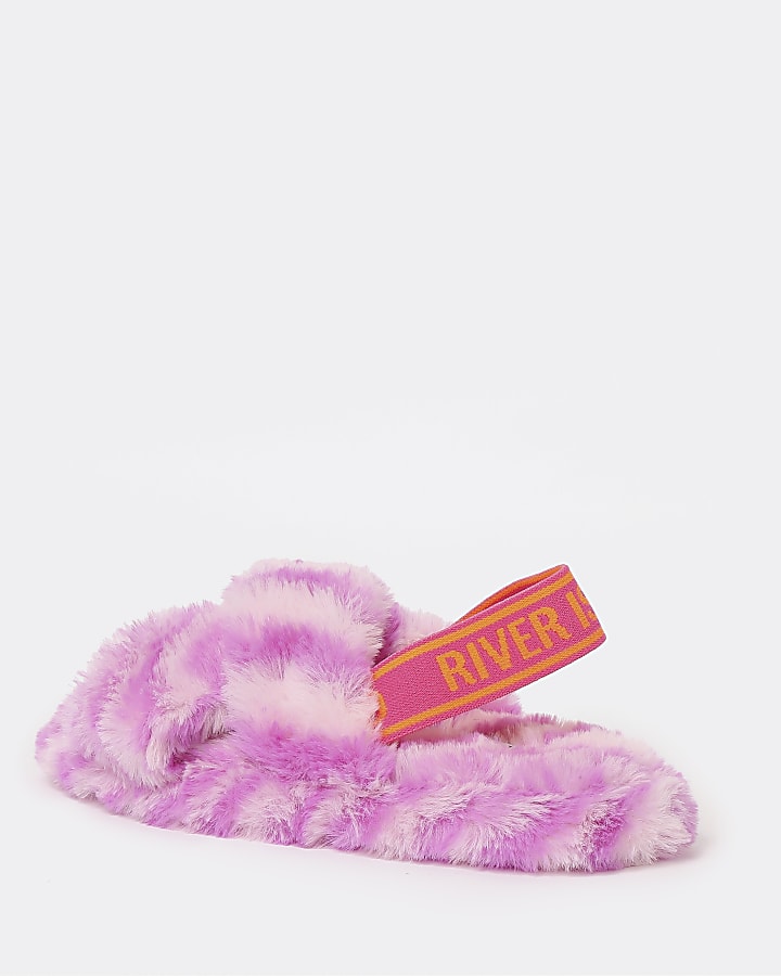 Girls pink RI animal print faux fur slippers