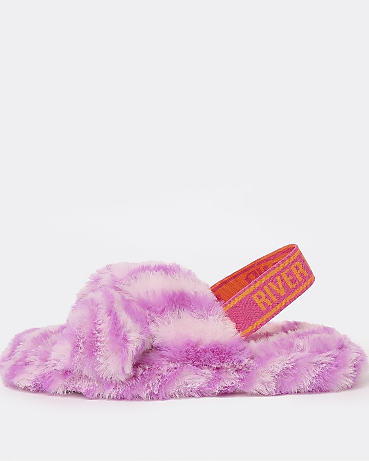 Girls pink RI animal print faux fur slippers