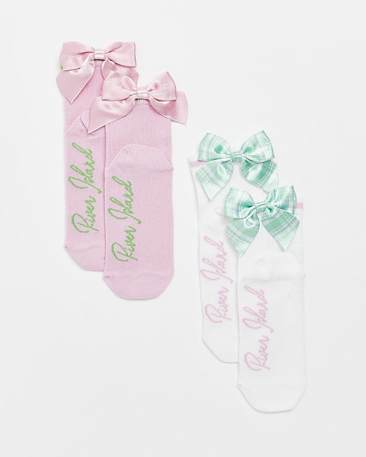 Girls pink RI branded check bow socks 2 pack