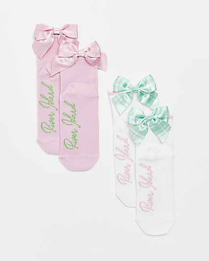 Girls pink RI branded check bow socks 2 pack