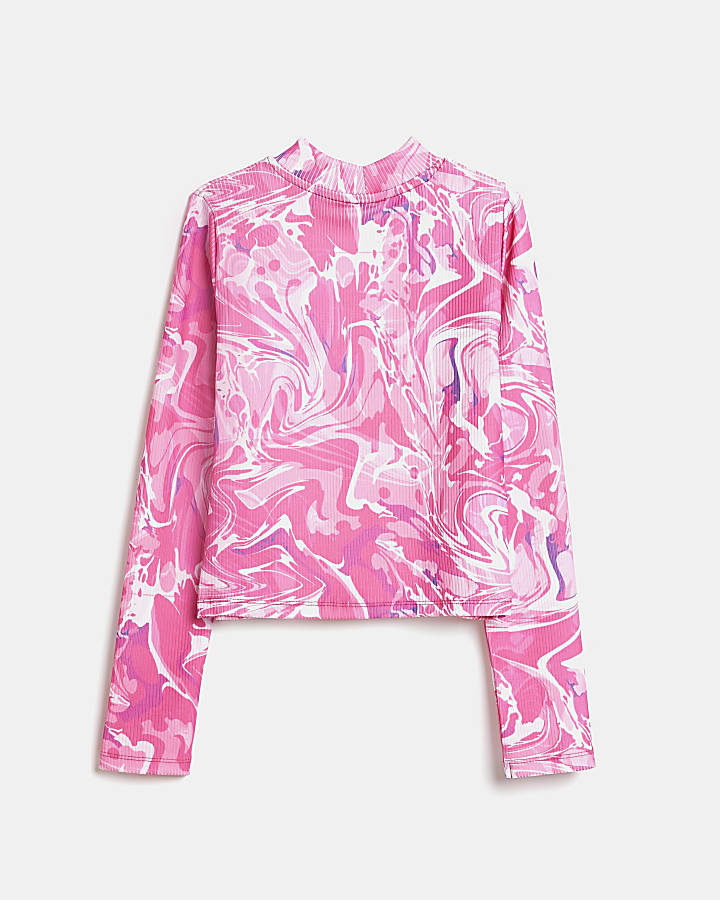 Girls pink RI branded marble print ribbed top