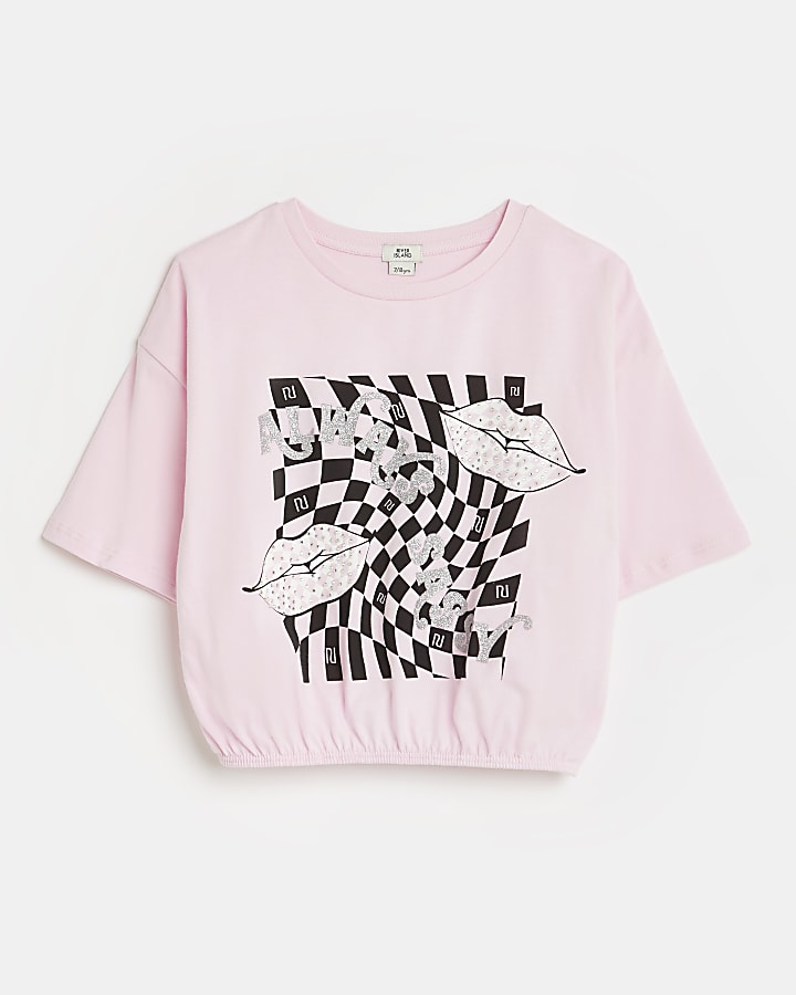 Girls pink RI graphic print cinch t-shirt