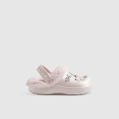 Girls Pink RI Heart Gem Fluffy Lined Clogs