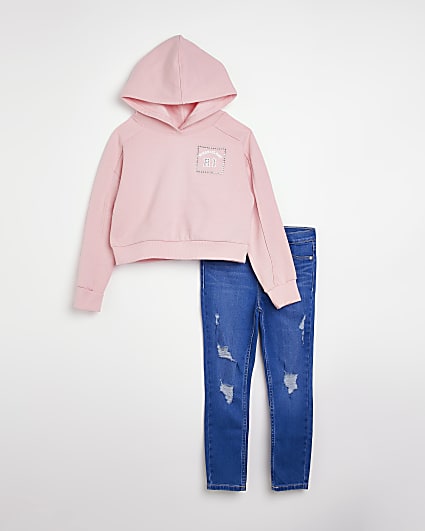 Girls pink RI hoodie and ripped jeans outfit