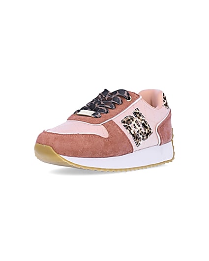 360 degree animation of product Girls pink RI leopard print runner trainers frame-0