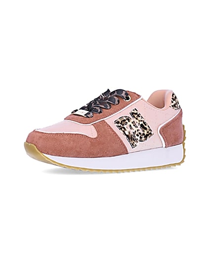 360 degree animation of product Girls pink RI leopard print runner trainers frame-1