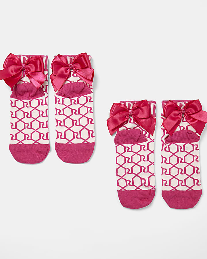 Girls pink RI monogram bow socks 2 pack