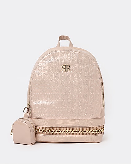 Girls pink RI monogram chain trim backpack
