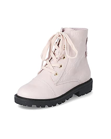 360 degree animation of product Girls pink RI monogram lace-up boots frame-0