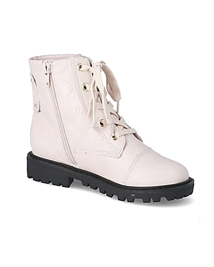 360 degree animation of product Girls pink RI monogram lace-up boots frame-17