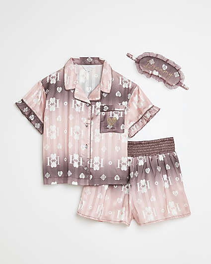 Girls pink RI monogram satin pyjama set