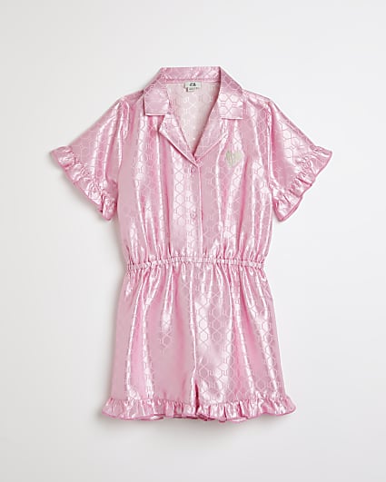 Girls pink RI print satin pyjama playsuit