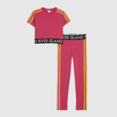 Girls Pink RI Side Stripe Top & Legging Set