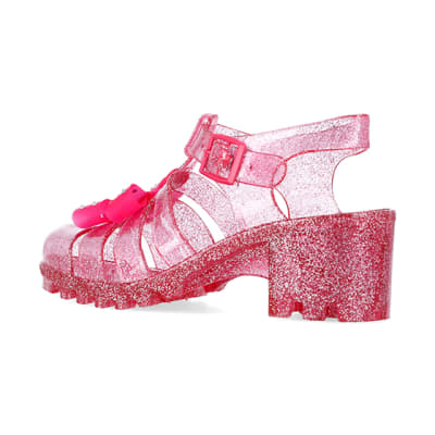 Girls pink RI x Barbie heeled jelly sandals River Island