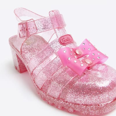 Girls pink RI x Barbie heeled jelly sandals River Island
