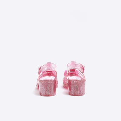 Girls pink RI x Barbie heeled jelly sandals River Island