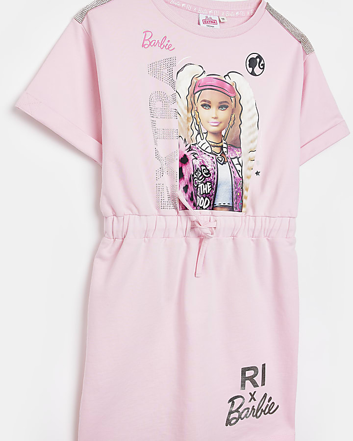 Girls Pink RI x Barbie Print Drawstring Dress
