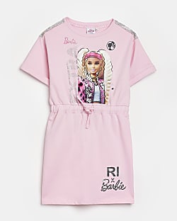 Girls Pink RI x Barbie Print Drawstring Dress