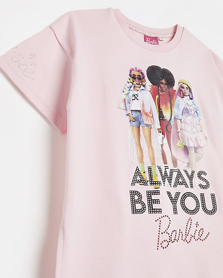 Girls pink RI x Barbie print longline t-shirt