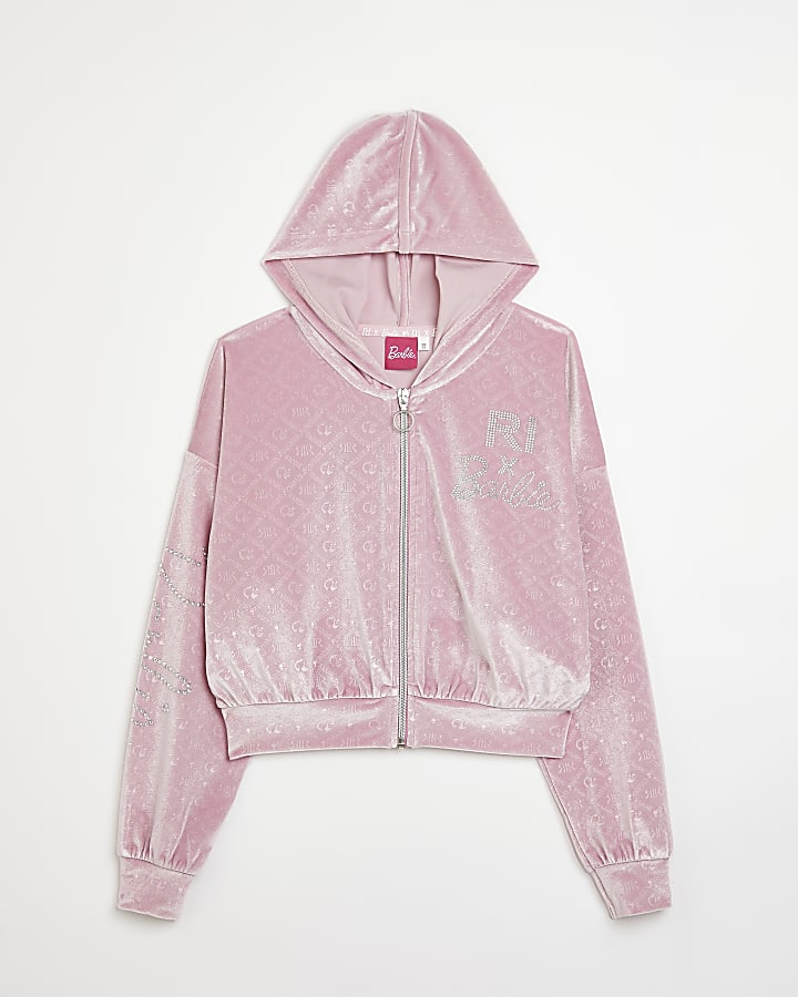 Girls pink RI x Barbie velour zip hoodie
