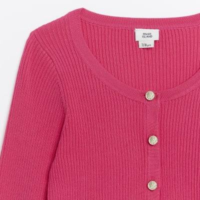 Girls pink ribbed button front cardigan River Island