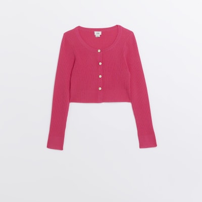 Girls pink ribbed button front cardigan River Island