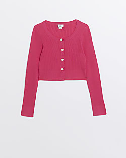 Girls pink ribbed button front cardigan