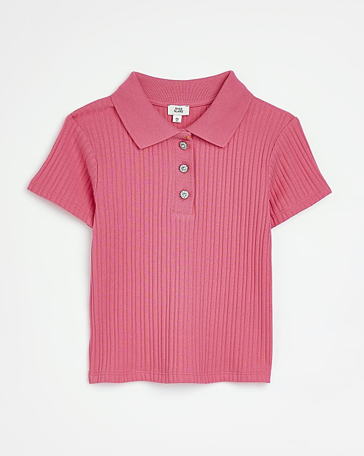 Girls pink ribbed collar polo shirt