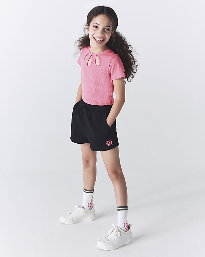Girls Pink Ribbed Cut Out T-shirt