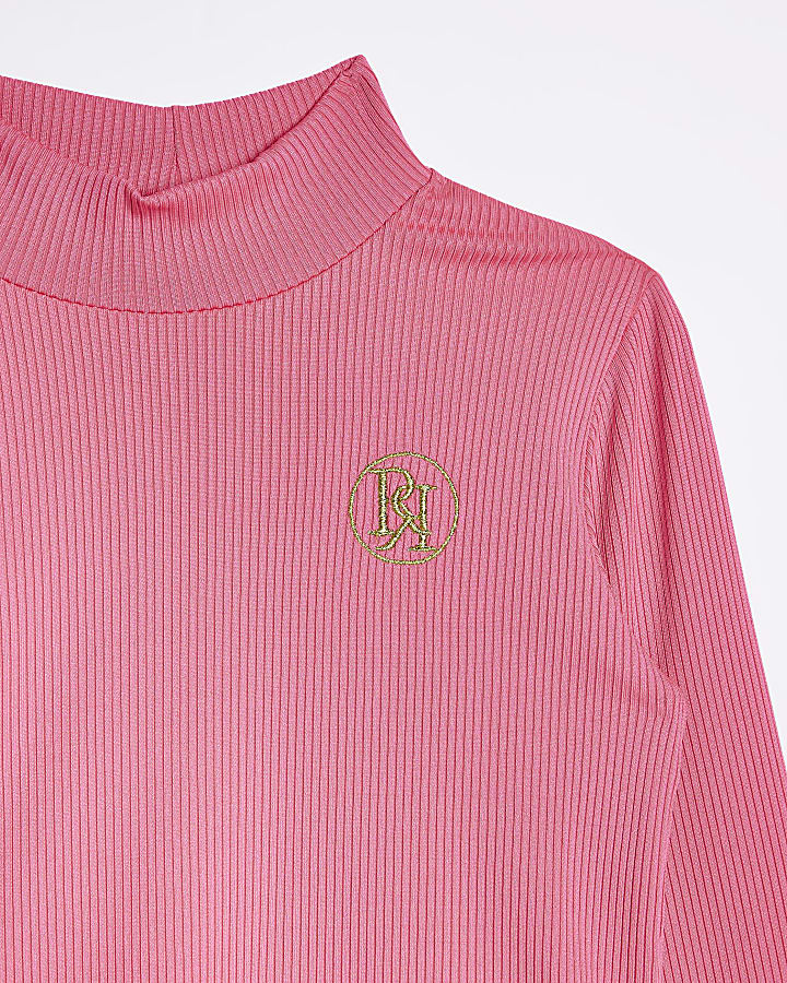 Girls Pink Ribbed Funnel Long Sleeve Top